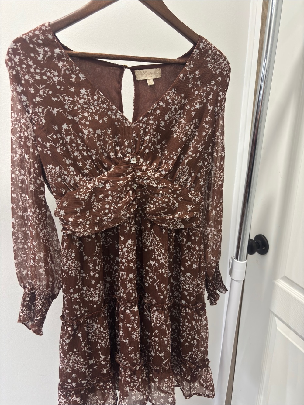 Indigo Brown Floral Long-Sleeve Tiered Dress